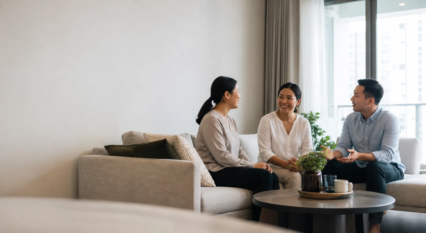 Domestic helper discussing home support with a Singapore family